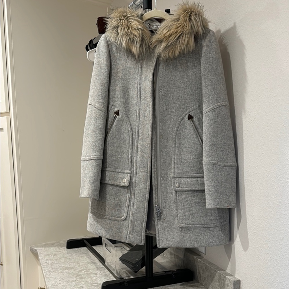 Gray Stadium Jacket with Fur-Trimmed Hood by J. Crew Size 4